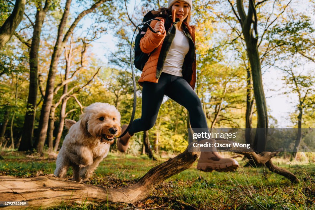 Young woman jumping over wooden trunk with her dog while exploring nature