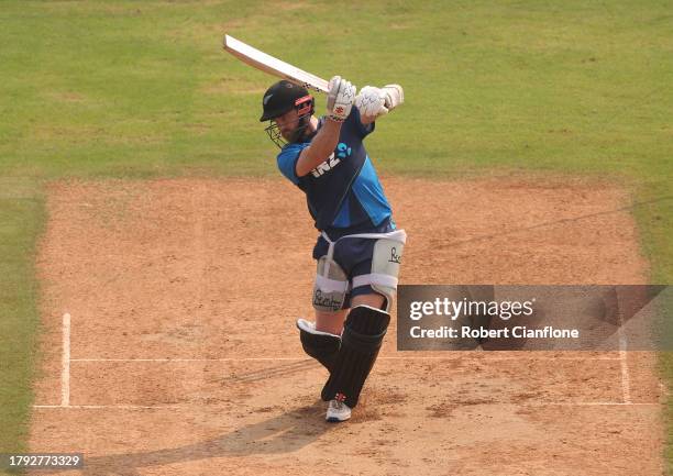 Kane Williamson of New Zealand bats during a New Zealand training session at the ICC Men's Cricket World Cup India 2023 at Wankhede Stadium on...