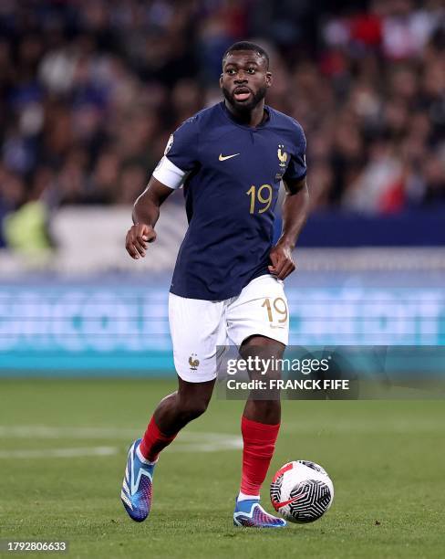 France's midfielder Youssouf Fofana controls the ball during the UEFA EURO 2024 Group B qualifying football match between France and Gibraltar at the...