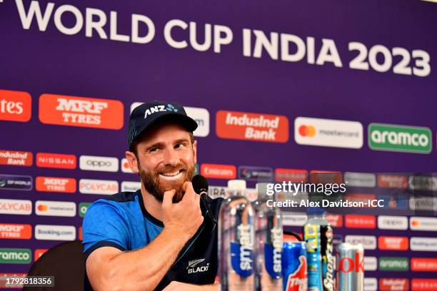 Kane Williamson of New Zealand speaks to the press during a New Zealand Nets session at the Wankhede Stadium ahead of ICC Men's Cricket World Cup...