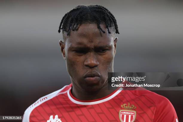 Wilfried Singo of AS Monaco reacts prior to kick off in the Ligue 1 Uber Eats match between AS Monaco and Stade Brestois 29 at Stade Louis II on...