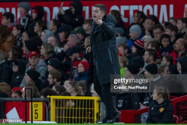 Manchester United WFC manager Marc Skinner gesticulates during the Barclays FA Women's Super League match between Manchester United and Manchester...