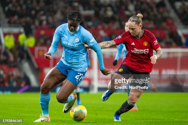 Jill Roord of Manchester City challenged by Leah Galton of Manchester United WFC during the Barclays FA Women's Super League match between Manchester...