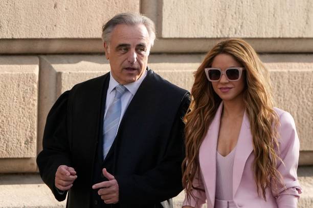 Colombian singer Shakira arrives with her lawyer Pau Molins at the High Court of Justice of Catalonia for her trial on tax fraud, in Barcelona on...