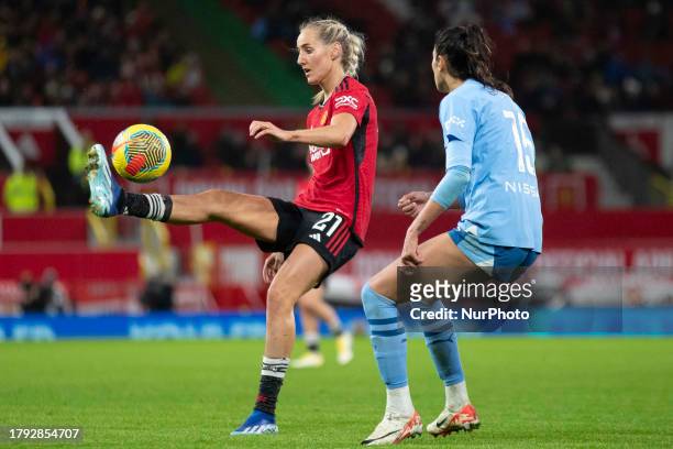 Millie Turner of Manchester United WFC controls the ball during the Barclays FA Women's Super League match between Manchester United and Manchester...