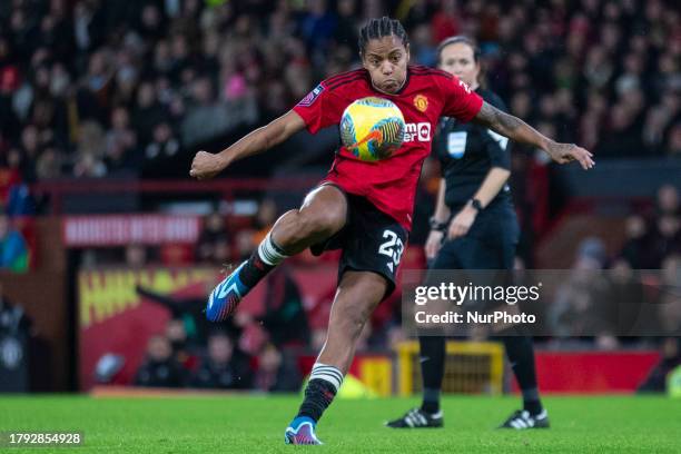 Geyse of Manchester United WFC in action during the Barclays FA Women's Super League match between Manchester United and Manchester City at Old...