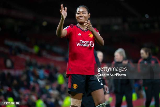 Jayde Riviere of Manchester United WFC applauds the fans during the Barclays FA Women's Super League match between Manchester United and Manchester...