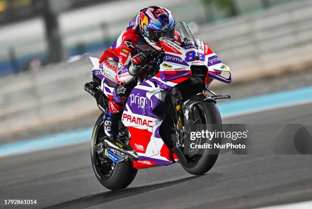 Jorge Martin of Spain Prima Pramac Racing competes during the final race of MotoGP Qatar Airways Grand Prix of Qatar 2023 at the Losail international...