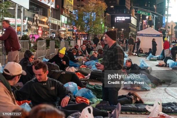 People prepare for sleep out night on Times Square as part of Covenant House annual global event to help raise money for young people facing...