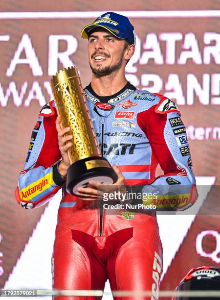 Fabio Di Giannantonio of Italy and Gresini Racing MotoGP celebrate on the podium after winning of the MotoGP Qatar Airways Grand Prix of Qatar 2023...