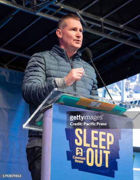 Bill Bedrossian President and CEO of Covenant House International speaks during sleep out night on Times Square as part of Covenant House annual...