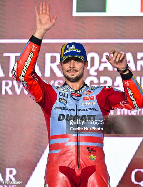 Fabio Di Giannantonio of Italy and Gresini Racing MotoGP celebrate on the podium after winning of the MotoGP Qatar Airways Grand Prix of Qatar 2023...