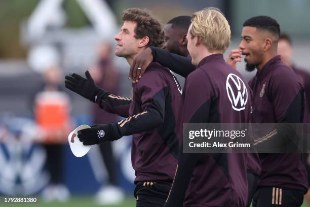 Thomas Mueller reacts during a training session of the German national team at DFB-Campus on November 14, 2023 in Frankfurt am Main, Germany.