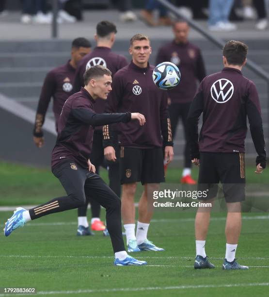 Florian Wirtz controls the ball during a training session of the German national team at DFB-Campus on November 14, 2023 in Frankfurt am Main,...