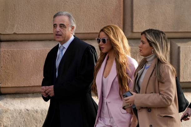 Colombian singer Shakira arrives with her lawyer Pau Molins at the High Court of Justice of Catalonia for her trial on tax fraud, in Barcelona on...