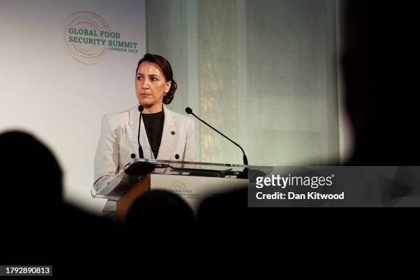 Minister of Climate Change and Environment of the United Arab Emirates, Mariam Almheiri, speaks during the opening session of the Global Food...