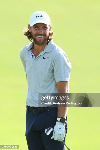 Tommy Fleetwood of England smiles on the 12th hole during the Pro-Am prior to the DP World Tour Championship on the Earth Course at Jumeirah Golf...