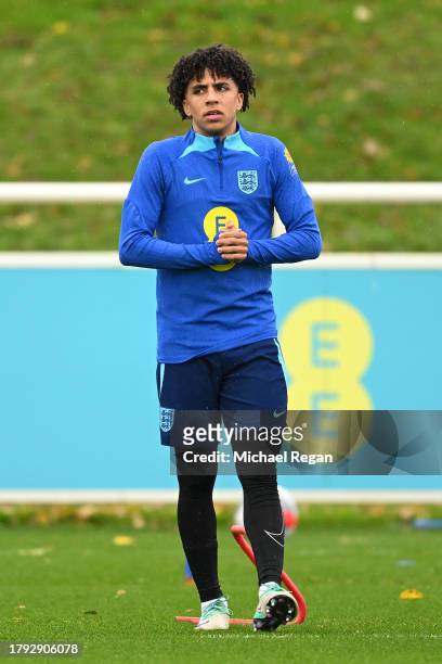 Rico Lewis of England looks on during an England Men Training Session at St Georges Park on November 14, 2023 in Burton-upon-Trent, England.