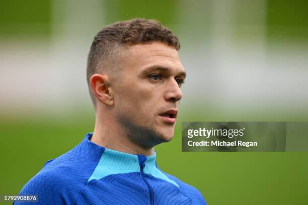Kieran Trippier of England looks on during an England Men Training Session at St Georges Park on November 14, 2023 in Burton-upon-Trent, England.