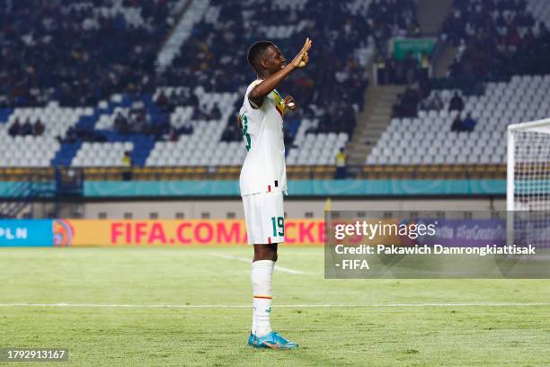 Idrissa Gueye of Senegal celebrates after scoring the team's fourth goal and his hat trick during the FIFA U-17 World Cup Group D match between...