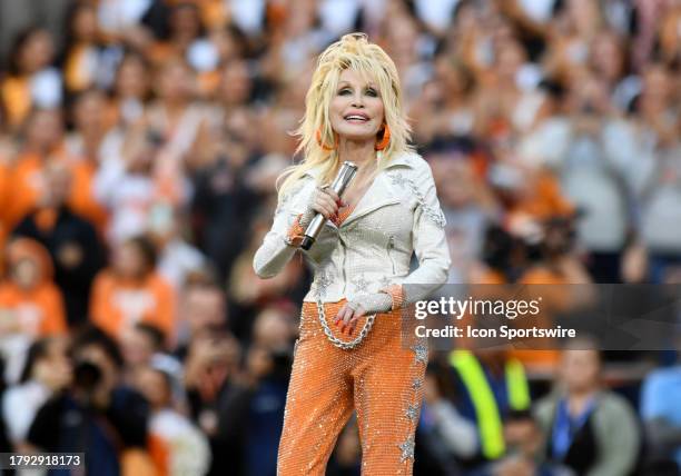 Dolly Parton performs during the college football game between the Georgia Bulldogs and the Tennessee Volunteers on November 18 at Neyland Stadium in...
