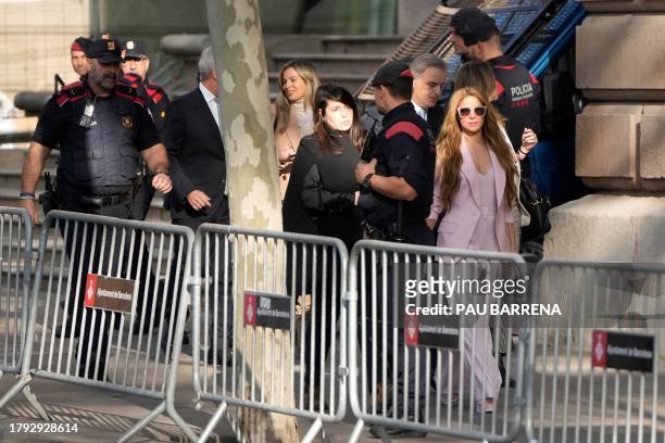 Colombian singer Shakira leaves the High Court of Justice of Catalonia after attending her trial on tax fraud, in Barcelona on November 20, 2023....