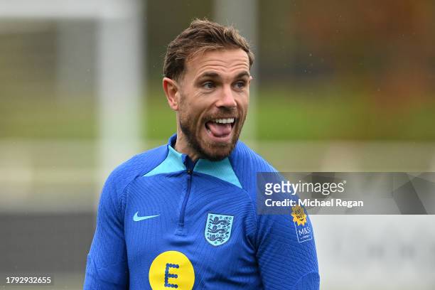 Jordan Henderson of England reacts during an England Men Training Session at St Georges Park on November 14, 2023 in Burton-upon-Trent, England.