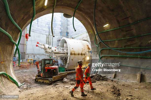 Workers inside the Victoria Road ancillary shaft at the HS2 Victoria Road Crossover Box construction project of the High Speed Two HS2 Ltd. Railway...