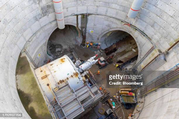 The Victoria Road ancillary shaft at the HS2 Victoria Road Crossover Box construction project of the High Speed Two HS2 Ltd. Railway development in...