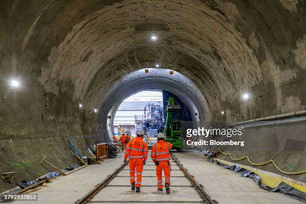 Workers at the HS2 Victoria Road Crossover Box construction project of the High Speed Two HS2 Ltd. Railway development in London, UK, on Friday, Nov....