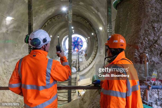Workers at the HS2 Victoria Road Crossover Box construction project of the High Speed Two HS2 Ltd. Railway development in London, UK, on Friday, Nov....