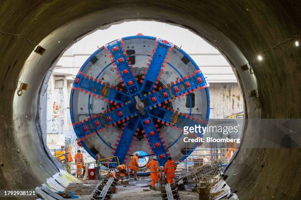 Cutter head and front shield of Anne, a tunnel boring machine , ready for assembly inside the HS2 Victoria Road Crossover Box construction project of...