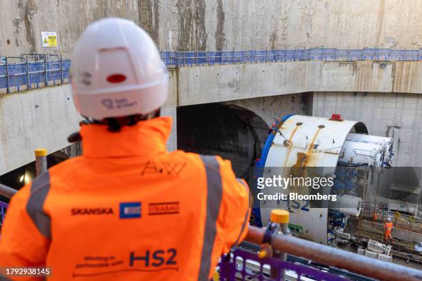 Cutter head and front shield of a tunnel boring machine ready for assembly inside HS2 Victoria Road Crossover Box construction of the High Speed Two...