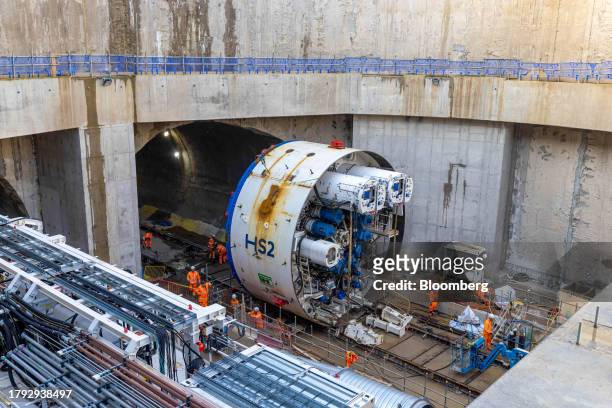 Cutter head and front shield of of a tunnel boring machine ready for assembly inside HS2 Victoria Road Crossover Box construction of the High Speed...
