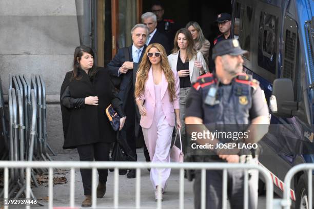 Colombian singer Shakira leaves the High Court of Justice of Catalonia after attending her trial on tax fraud, in Barcelona on November 20, 2023....