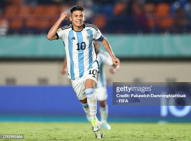 Claudio Echeverri of Argentina celebrates after scoring the team's first goal during the FIFA U-17 World Cup Group D match between Japan and...