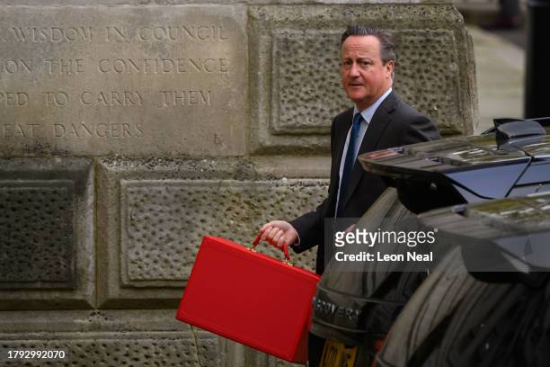 Britain's new Foreign Secretary, former Prime Minister David Cameron arrives at Downing Street ahead of the Cabinet Meeting on November 14, 2023 in...