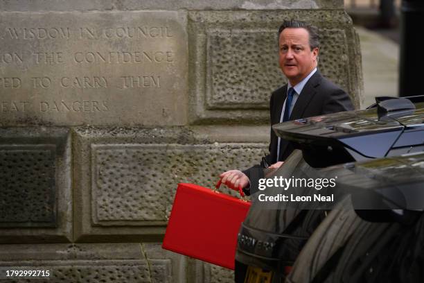 Britain's new Foreign Secretary, former Prime Minister David Cameron arrives at Downing Street ahead of the Cabinet Meeting on November 14, 2023 in...