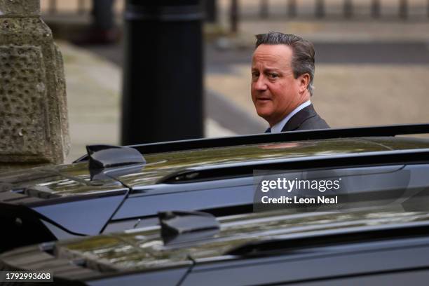 Britain's new Foreign Secretary, former Prime Minister David Cameron arrives at Downing Street ahead of the Cabinet Meeting on November 14, 2023 in...