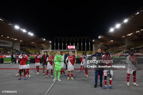 Monaco players salute the fans following the final whistle of the Ligue 1 Uber Eats match between AS Monaco and Stade Brestois 29 at Stade Louis II...