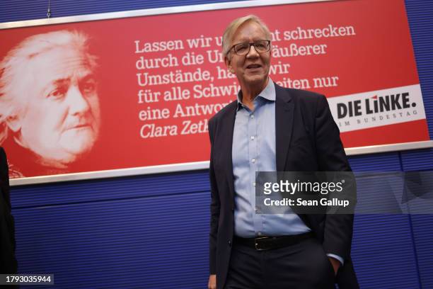Dietmar Bartsch, co-leader of the Bundestag faction of the left-wing Die Linke political party, stands under a quote by Clara Zetkin as he arrives...