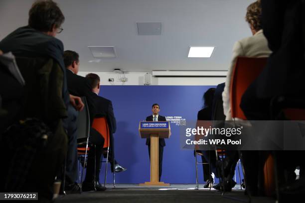 Britain's Prime Minister Rishi Sunak delivers a speech at a college in north London on November 20, 2023 in London, England.