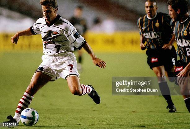 Mark Santel of the Dallas Burn kicks the ball during a playoff game against the Los Angeles Galaxy at the Cotton Bowl in Dallas, Texas. The Burn won...