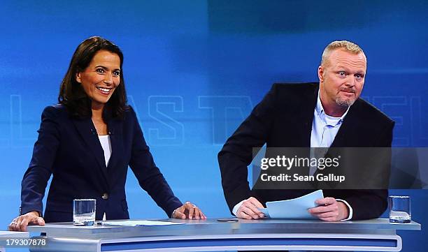In this screenshot taken from German television hosts Anne Will and Stefan Raab poses quations to German Chancellor and Christian Democrat Angela...