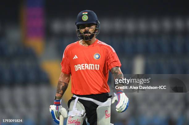 Virat Kohli of India looks on during a India Nets Session ahead of the the ICC Men's Cricket World Cup India 2023 Semi Final between New Zealand and...
