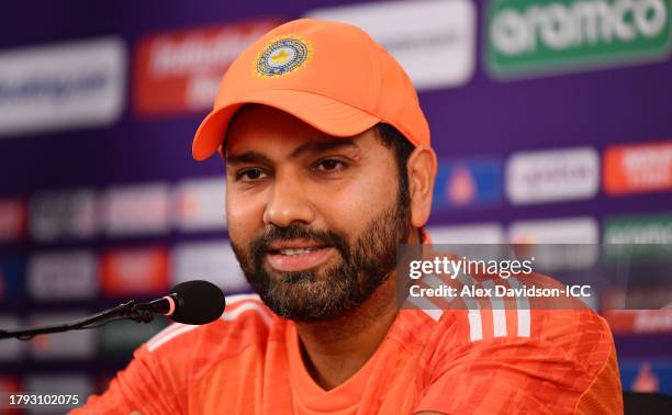 Rohit Sharma of India speaks to the press during a India Nets Session ahead of the the ICC Men's Cricket World Cup India 2023 Semi Final between New...