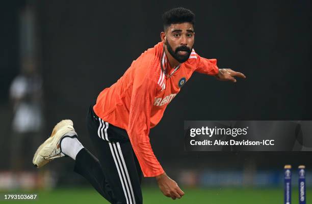 Mohammed Siraj of India bowls during a India Nets Session ahead of the the ICC Men's Cricket World Cup India 2023 Semi Final between New Zealand and...