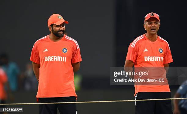 India captain Rohit Sharma and Head Coach Rahul Dravid inspect the pitch during a India Nets Session ahead of the the ICC Men's Cricket World Cup...