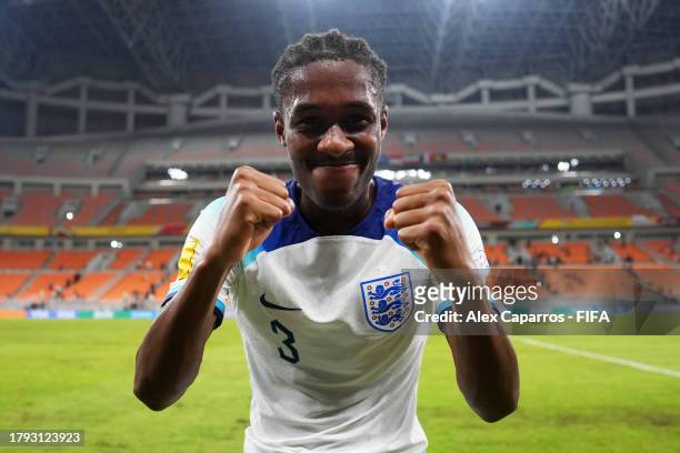 Jayden Meghoma of England celebrates after the team's victory during the FIFA U-17 World Cup Group C match between England and IR Iran at Jakarta...