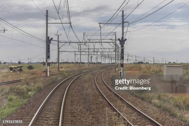 Overhead train power cables on the central corridor rail freight line, between Sentrarand depot and Pyramid South depot, in Gauteng, South Africa, on...